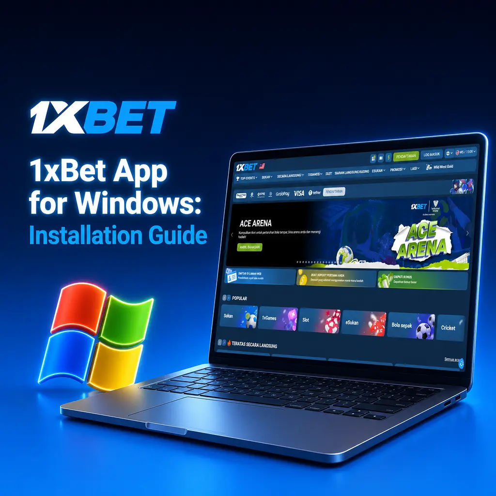 1xBet app installation guide for Windows PC showing download and setup steps for Windows 7 to 11