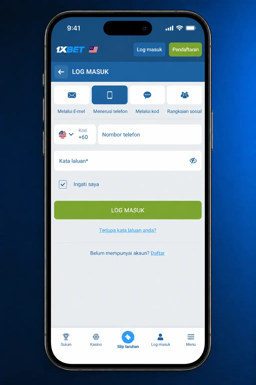 1xBet login screen showing sign in form for Malaysia players to access their account dashboard