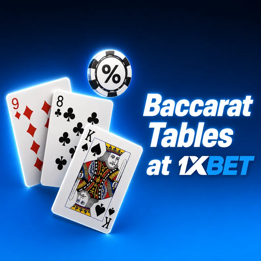 Baccarat tables at 1xBet featuring Banker, Player, and Tie bets across variants like Speed Baccarat and No Commission Baccarat