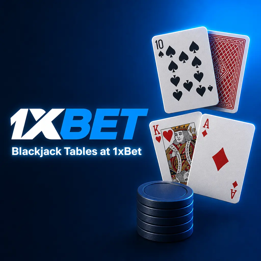 Blackjack tables at 1xBet including Infinite, Speed, VIP, Free Bet, Blackjack Party, and Blackjack Silver options