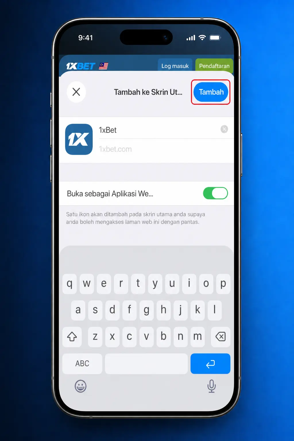 Step-by-step guide showing how to download and install the 1xBet PWA app on iOS using Safari's Add to Home Screen feature.