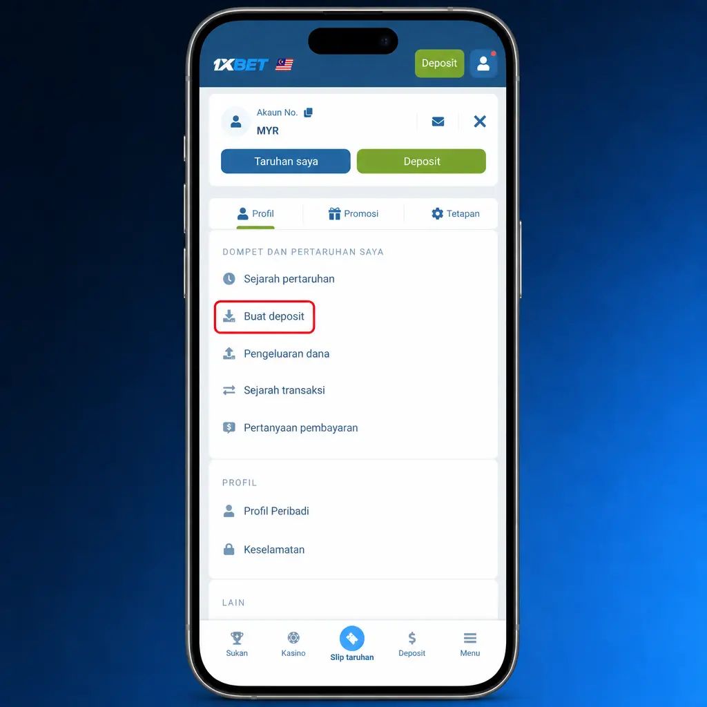 Step-by-step screenshot showing how to deposit money into a 1xBet account using supported payment methods in Malaysia
