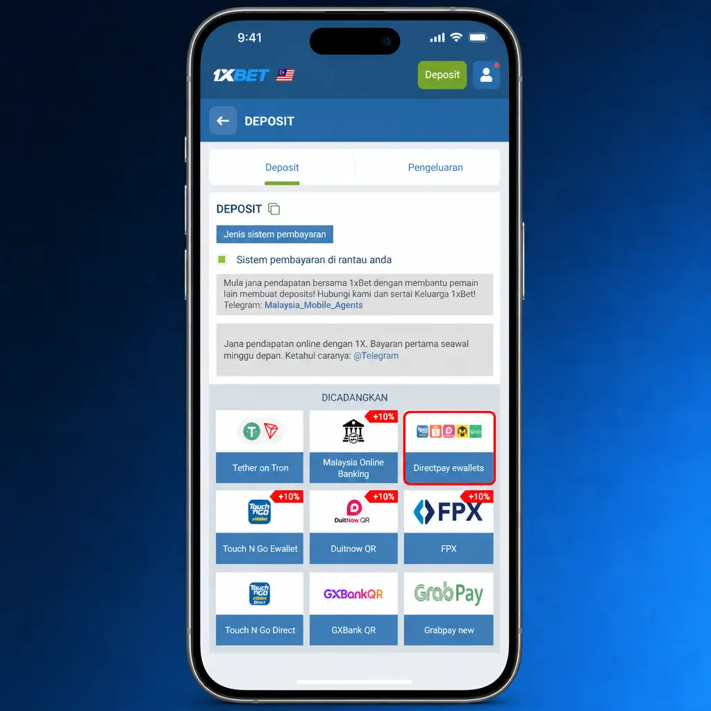 Step-by-step screenshot showing how to deposit money into a 1xBet account using supported payment methods in Malaysia