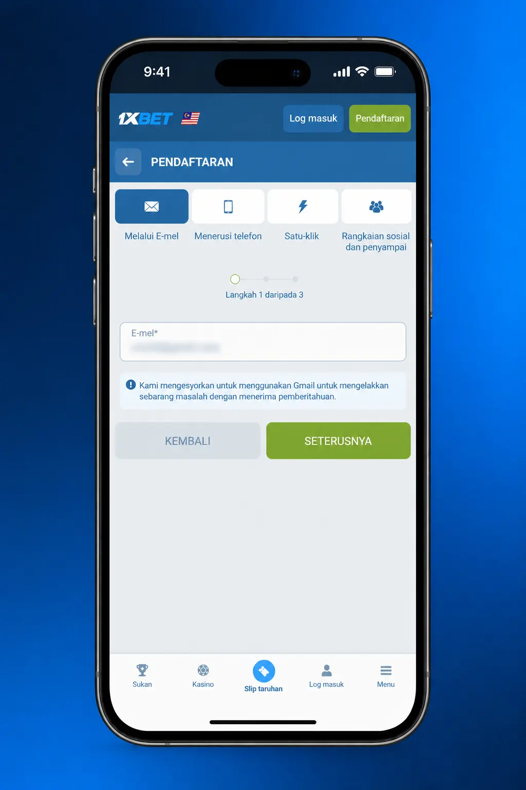 Step-by-step guide to registering a new 1xBet account in Malaysia using phone, email, or social media