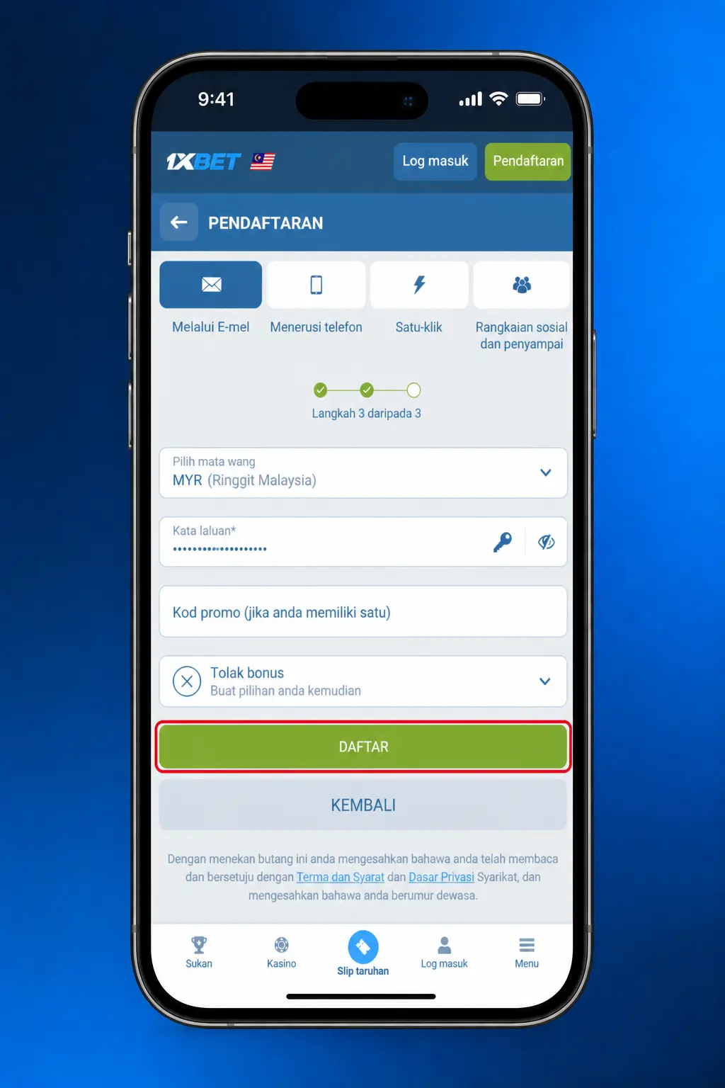 Step-by-step guide showing how to register on 1xBet in Malaysia using phone, email, or social media
