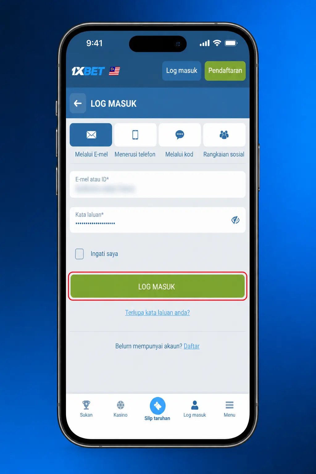 Step-by-step guide showing how to register on 1xBet Malaysia using phone, email, or social media account