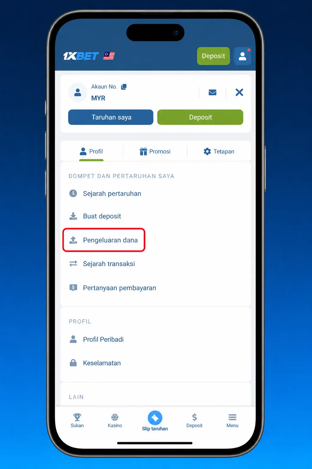 Screenshot showing how to withdraw money from a 1xBet account via the Cashier menu in Malaysia.