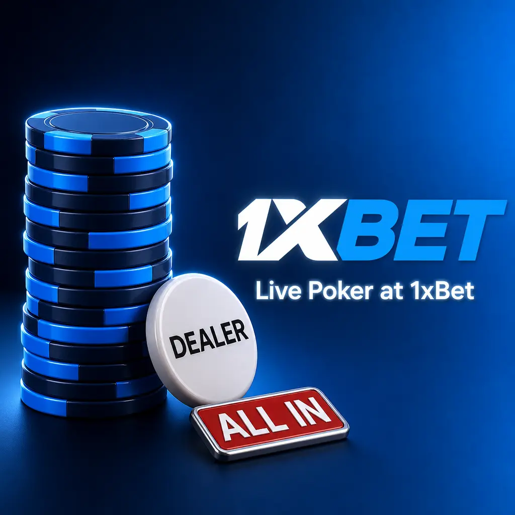 Live poker tables at 1xBet including Casino Hold'em, Three Card Poker, Caribbean Stud, and Ultimate Texas Hold'em