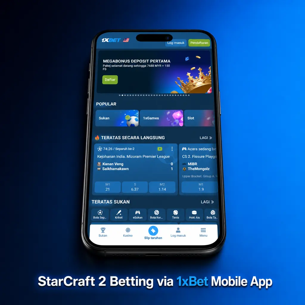 StarCraft 2 betting on the 1xBet mobile app, showing live odds and match markets for Malaysian users on Android and iOS.